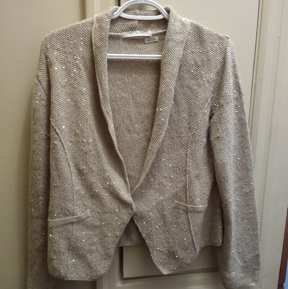 Beige and gold sequin knit cardigan sweater - Picture 3 of 4